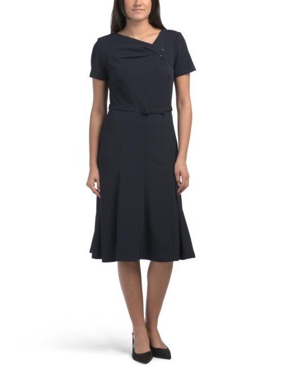 CALVIN KLEIN Belted Asymmetrical Neck Pleated Midi Dress - Picture 6 of 6